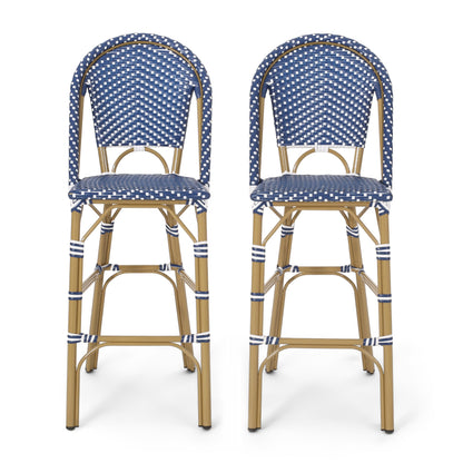 Outdoor PE Rattan French Barstool Set, Dark Teal and White, Aluminum Frame,