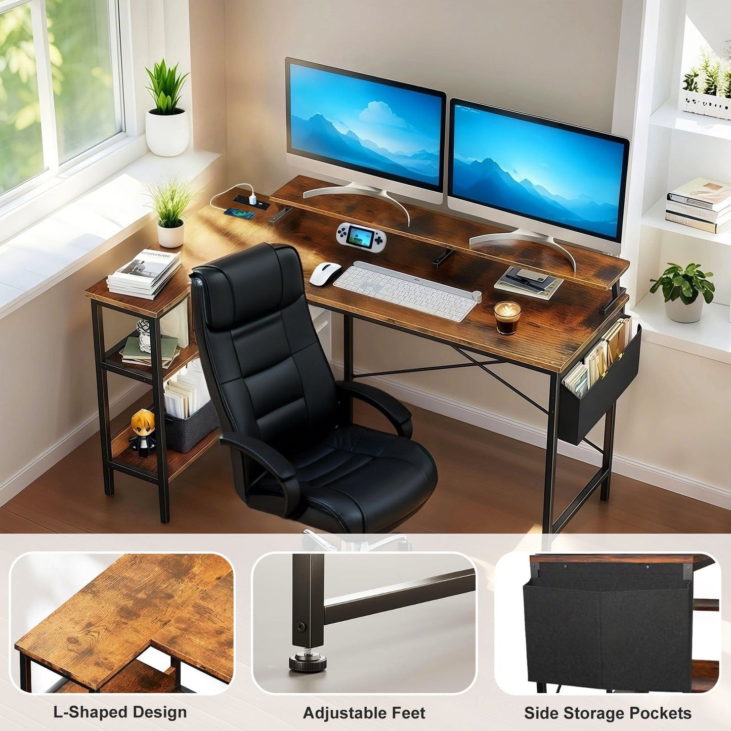 Vintage Black+Brown L Shaped Gaming Desk with Power Outlets, Monitor Stand...
