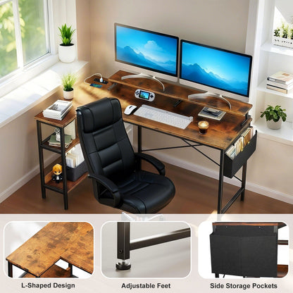Vintage Black+Brown L Shaped Gaming Desk with Power Outlets, Monitor Stand...