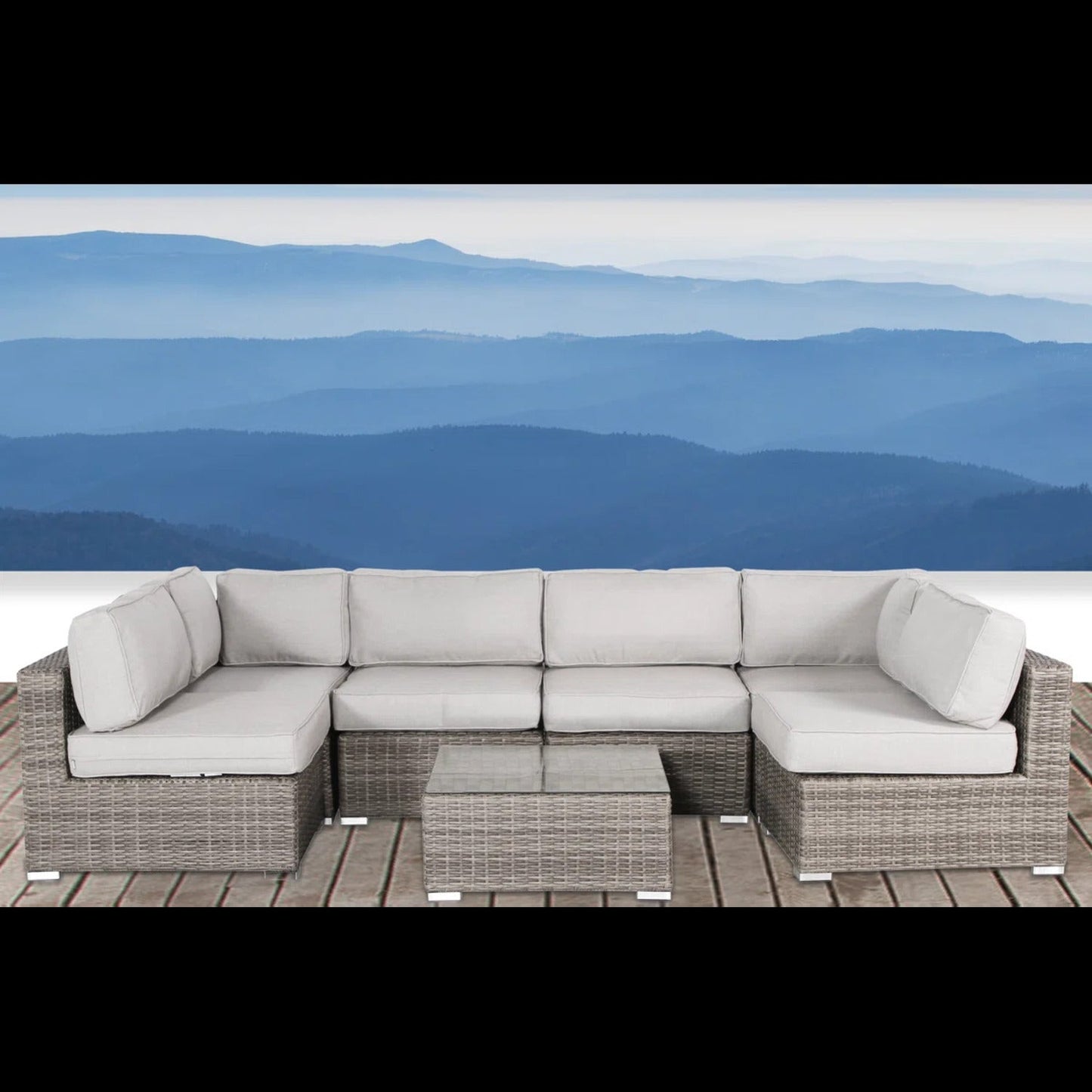 Outdoor Sectional Patio Set Wicker Gray Brown 7 Piece with Glass Table Seats 4