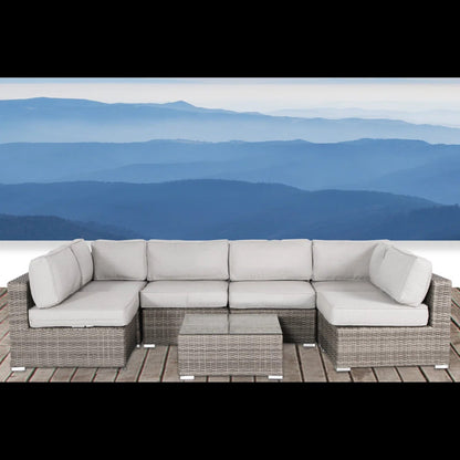 Outdoor Sectional Patio Set Wicker Gray Brown 7 Piece with Glass Table Seats 4