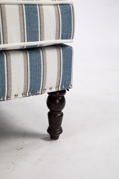Accent Chair Vintage Striped Linen Blue White Nailhead Solid Wood Legs