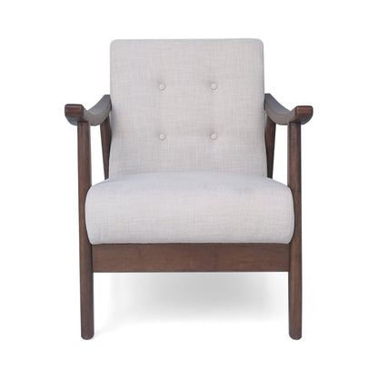 Accent Chair Mid-Century Tufted Beige Rubberwood Bent Arms 25x32x32 In