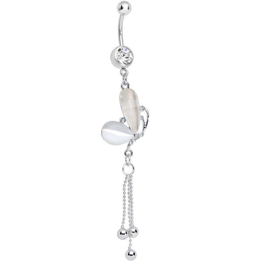 Clear Gem White Pearlescent Butterfly Dangle Belly Ring