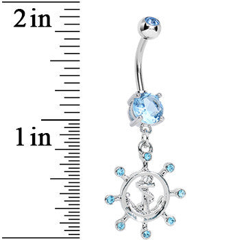 Aqua Gem Sailing in Style Ship Wheel and Anchor Dangle Belly Ring