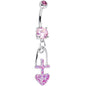 Pink Gem Glitter Cross and Heart Dangle Belly Ring