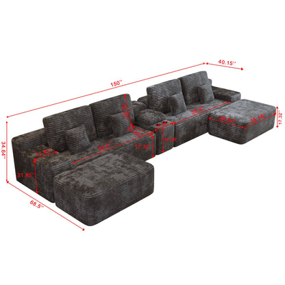 Sectional Sofa U-Shape Corduroy Black 6 Seat USB Bluetooth 150 In