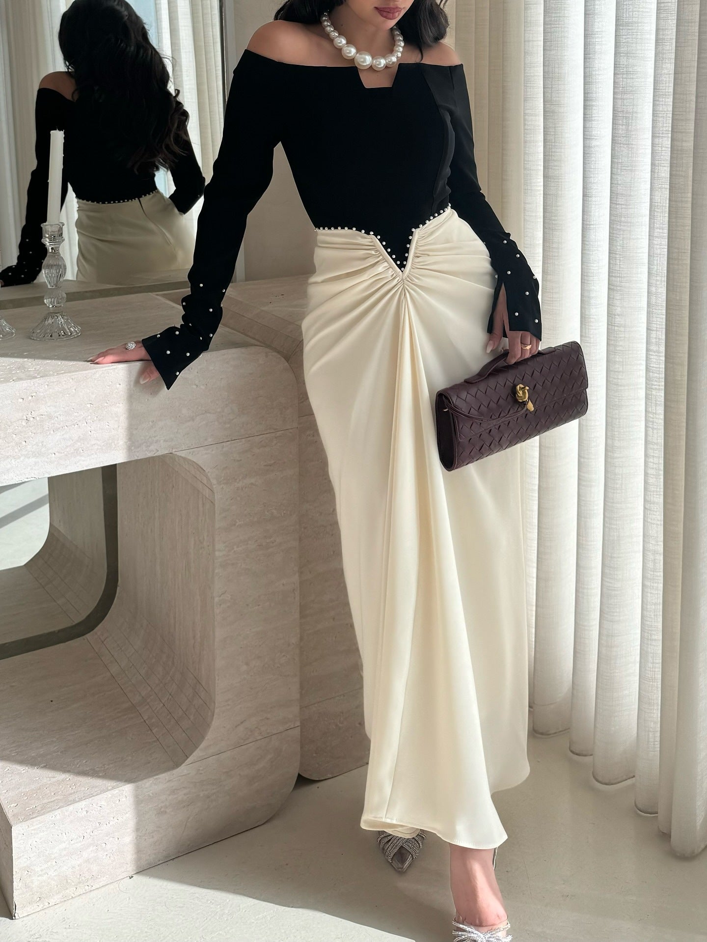 Elegant Sheath Dress With Color-blocking And Pearl Embellishments