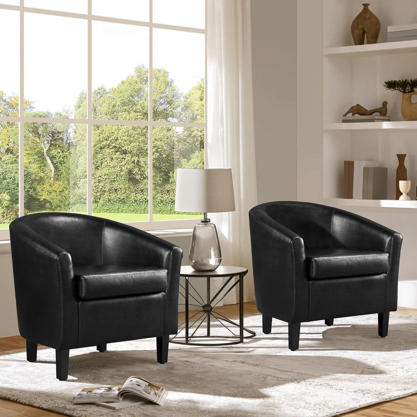 Black Synthetic Leather Barrel Armchairs With Cushions