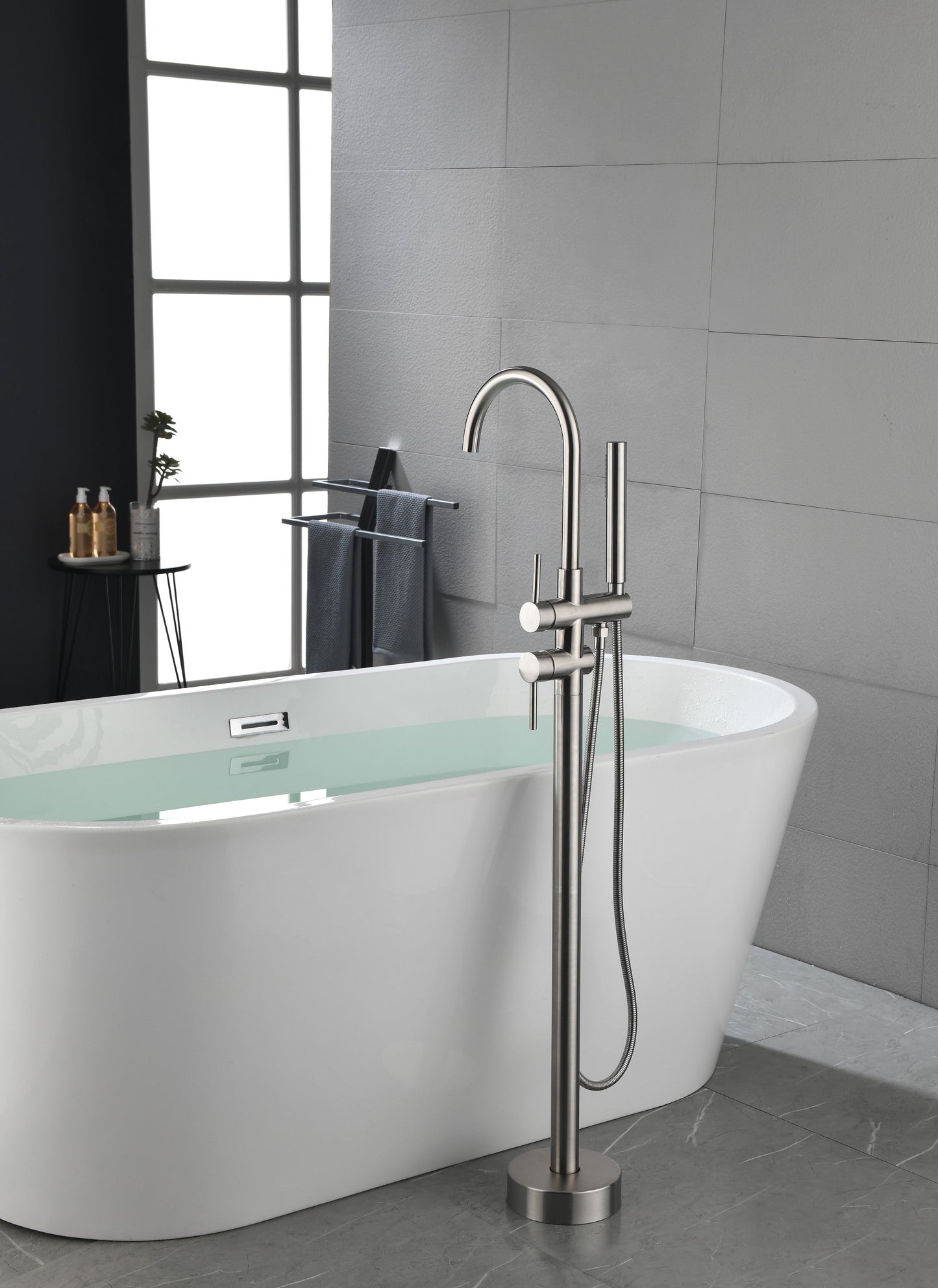 Floor Mounted Tub Faucet High Flow Freestanding Tub Filler with Handheld Shower Swivel