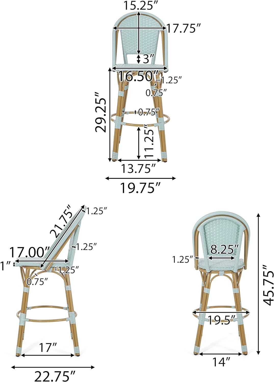 29.5 Inch Outdoor PE Rattan Aluminum French Barstools, Set of 2, Light Teal
