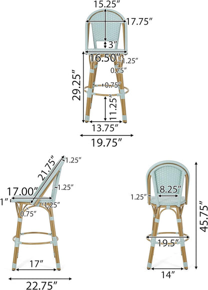 29.5 Inch Outdoor PE Rattan Aluminum French Barstools, Set of 2, Light Teal