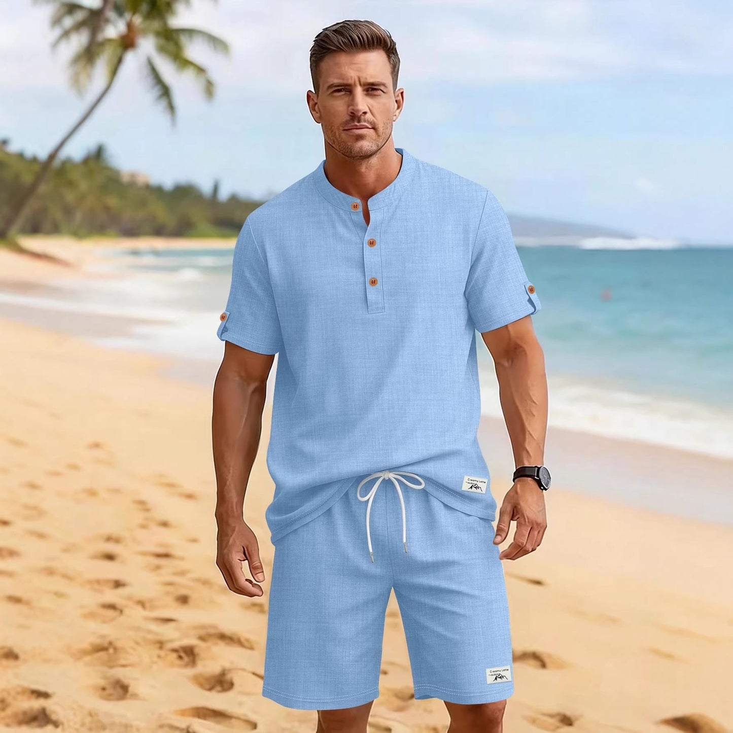 Mens Casual Henley Shirt And Shorts Sports Set