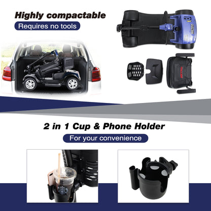 Mobility Scooter 4-Wheel Metal Blue 300 LB 10 Mile Basket Cup Holder 5 mph