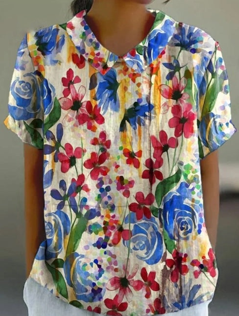 Stylish Digital-print Lapel Short-sleeve Shirt