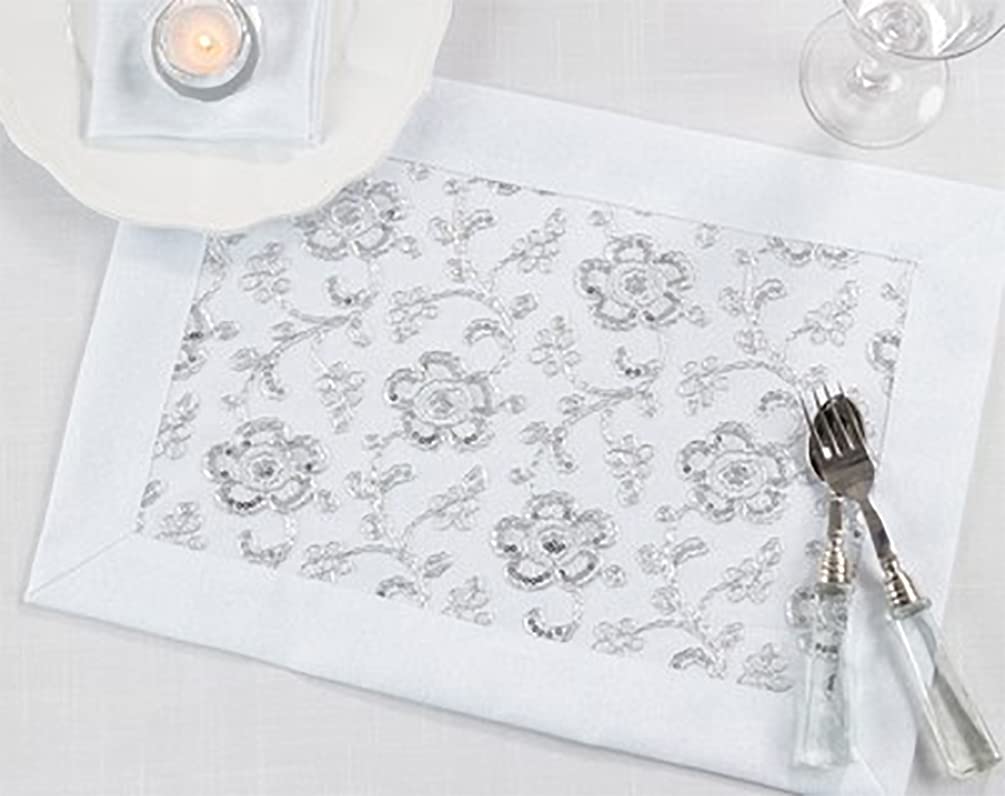 Fennco Styles Sequin Floral Embroidered Placemats 14" W x 20" L - Table Mats for Home, Dining Room, Banquets, Wedding, Holiday and Special Events