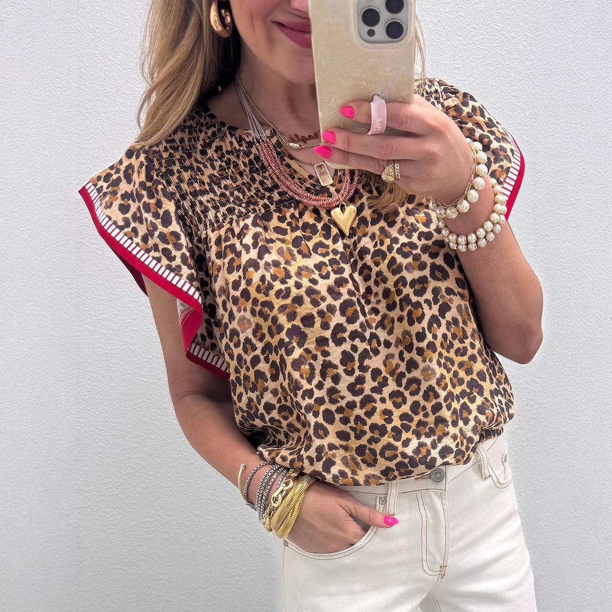 Womens Fashion Leopard-Print Ruffle-Trim Loose Chiffon Blouse