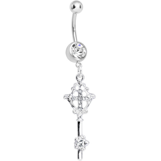 Crystalline Gem Key to Faith Cross Dangle Belly Ring