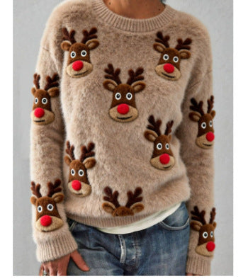 New Flannel Printed Christmas Sweet Crew-Neck Top With Snowman Design