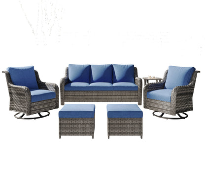 Outdoor Patio Set PE Rattan Swivel Chairs Gray Blue