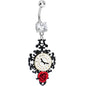 Clear Gem Baroque Clock with Red Rose Flower Dangle Belly Ring