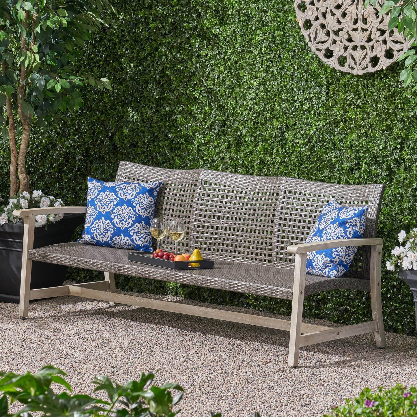 Outdoor Sofa Acacia Wood Wicker 3 Seater Gray 75.5in