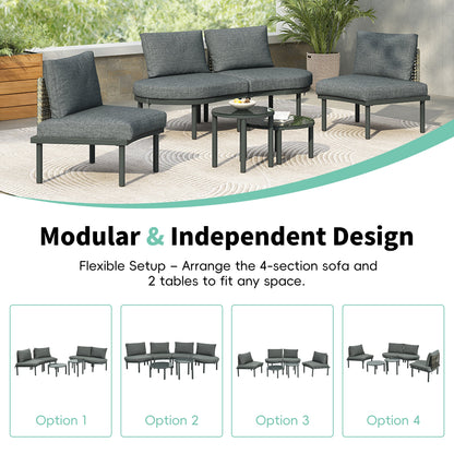 Outdoor Sectional Set PE Wicker Aluminum Gray Half Moon 6 Piece 300 LB