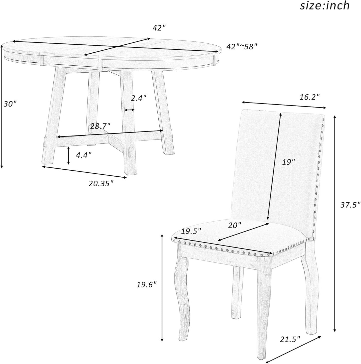 Farmhouse Round Extendable Dining Table Set Oak Finish with Upholstered Chairs