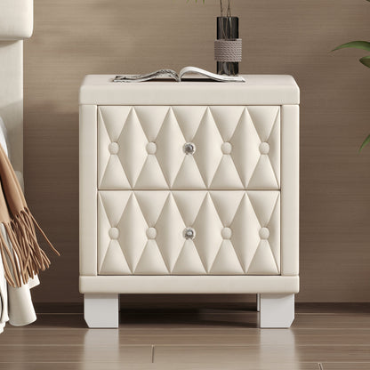 Velvet Nightstand with 2 Drawers, Crystal Handle, Button-Tufted, Beige