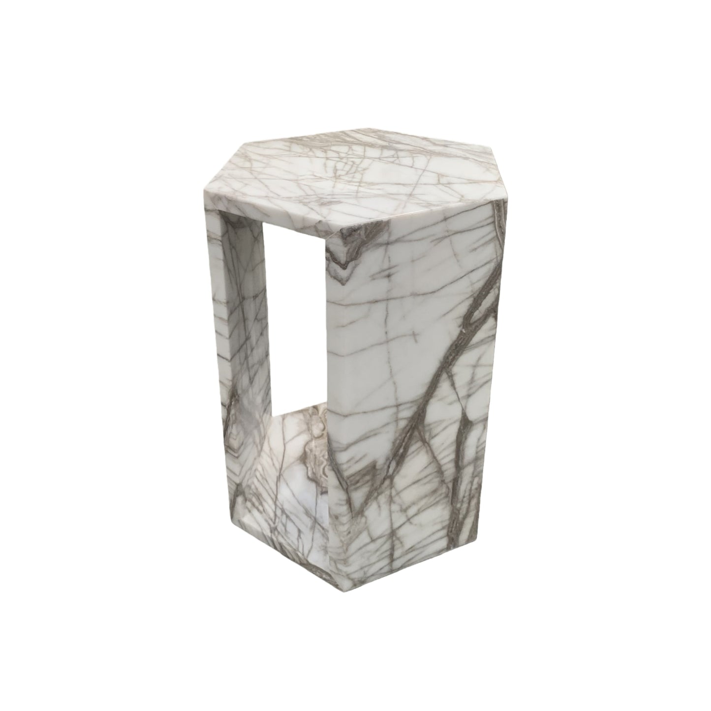 White Marble Hexagon Side Table, 15.7 in, Geometric Stone, Polished Pedestal