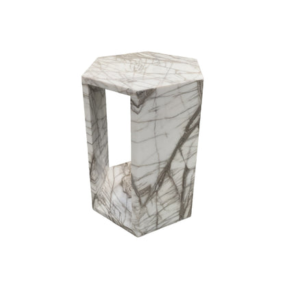 White Marble Hexagon Side Table, 15.7 in, Geometric Stone, Polished Pedestal