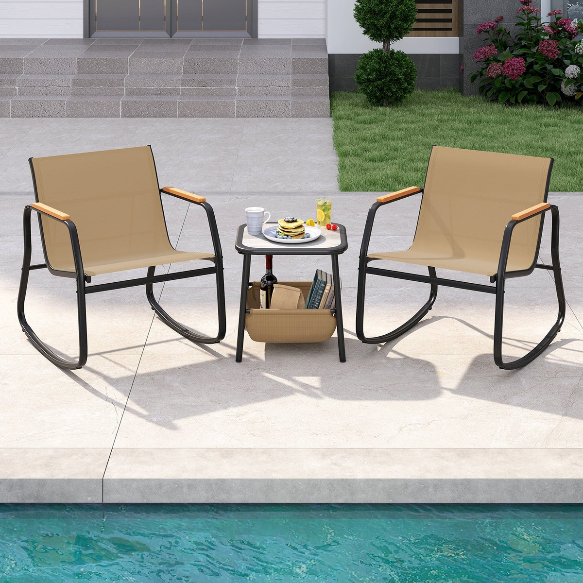 3 Piece Rocking Bistro Chairs and Side Table Set with Storage Bag-Brown