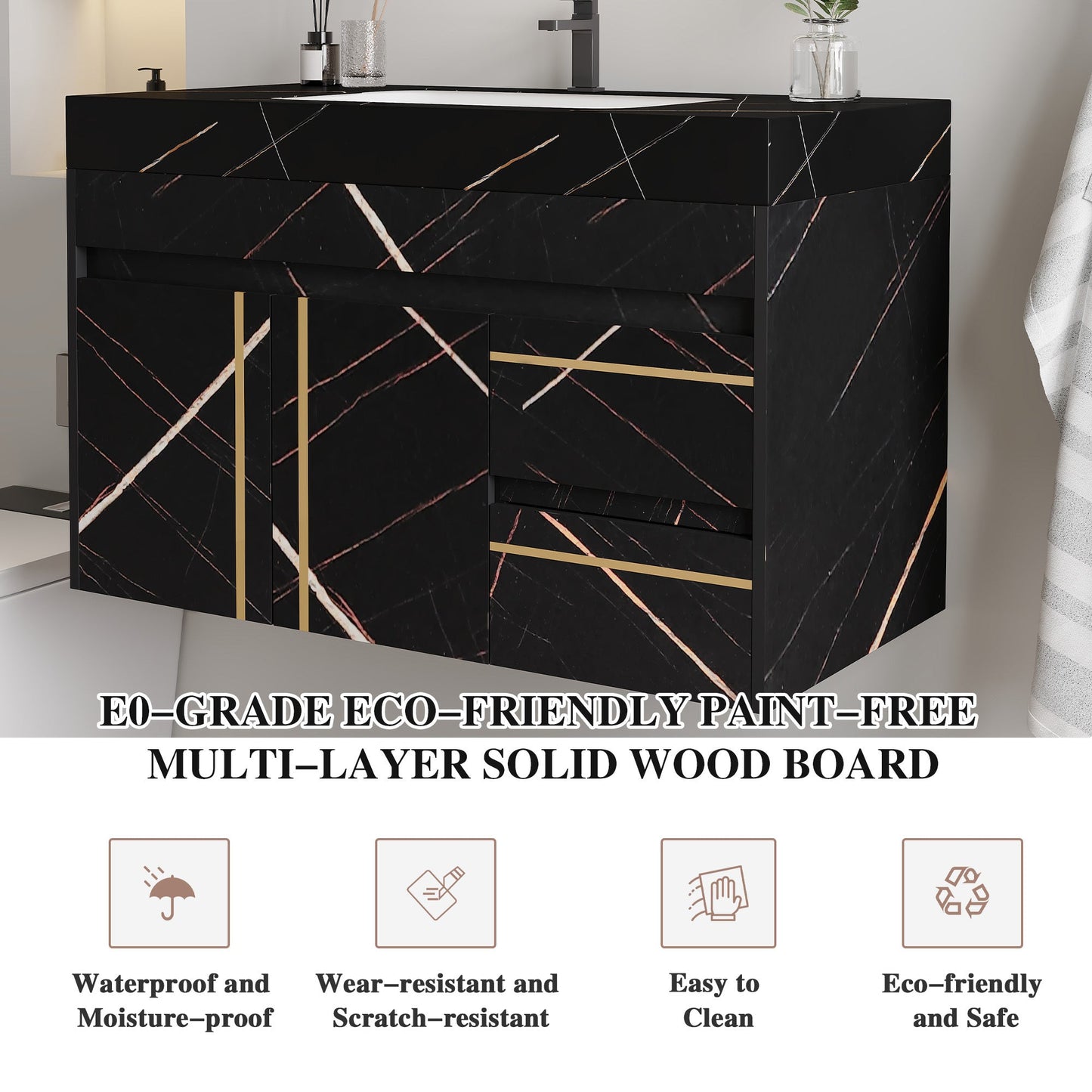 35.2 in Floating Bathroom Vanity with Sink and Faux Marble Top