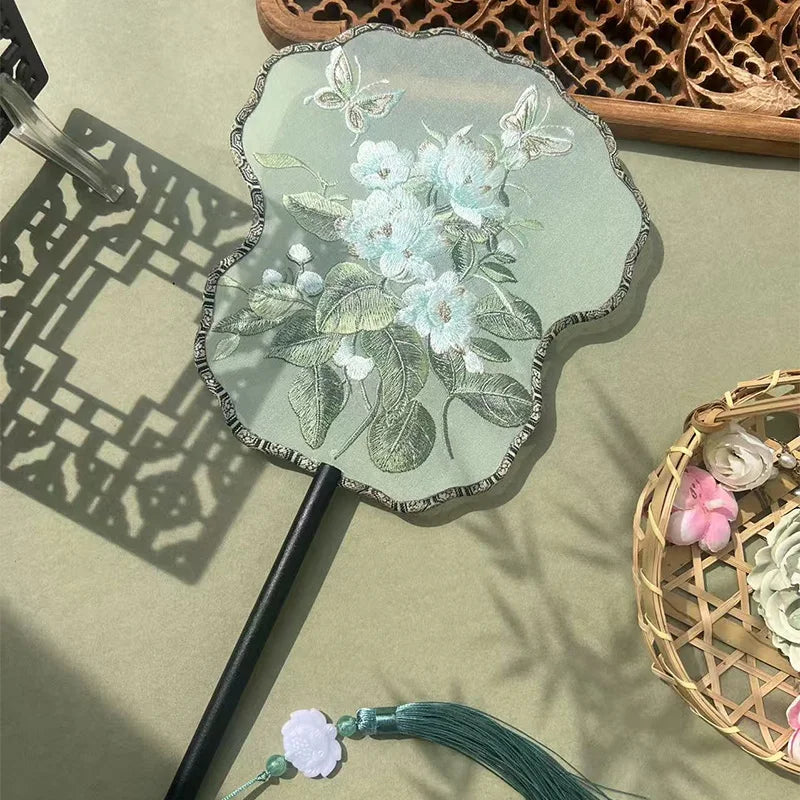 Ancient Style Fan Chinese Style Hanfu Dance Shooting Long Handled Embroidered Classical Double Sided Fan Female Decorative Fan