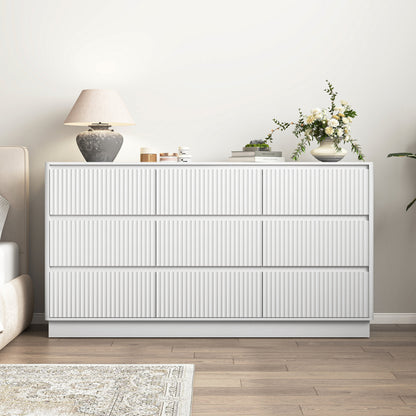 Dresser Mid-Century 9-Drawer White Wave No-Handle 59.1x15.7x31.6 In