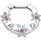 14G Clear and Pink Gem Flowers Septum Clicker