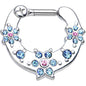 14G 1/4 Aqua and Pink Gem Flowers Septum Clicker
