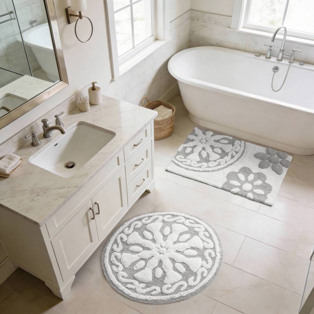 Round Medallion Tufted Cotton Bath Rug – 25", Plush, Super Absorbent, Machine Washable