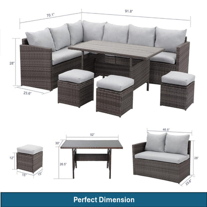 Outdoor Sectional Set PE Rattan Steel Gray Cushion 7 Piece Seats 8