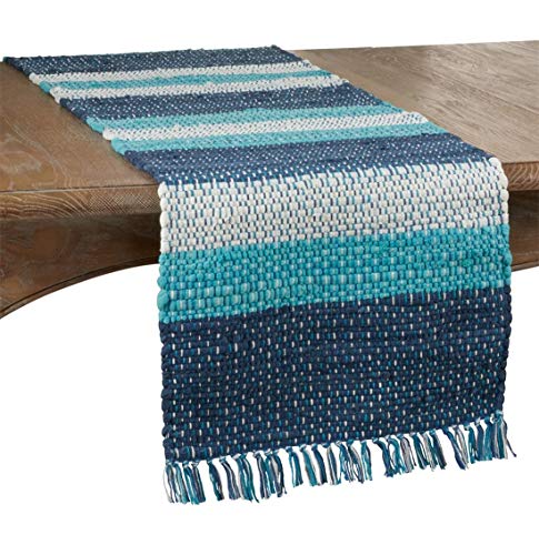 Fennco Styles Coastal Style Tasseled Striped Chindi 100% Cotton Table Runner 16 x 72 Inch – Blue Table Cover for Home Décor, Beach House, Dining Table, Banquets and Special Events