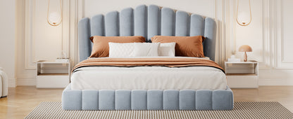 Velvet Upholstered Queen Bed Frame with Shell-Shaped Headboard, Light Blue