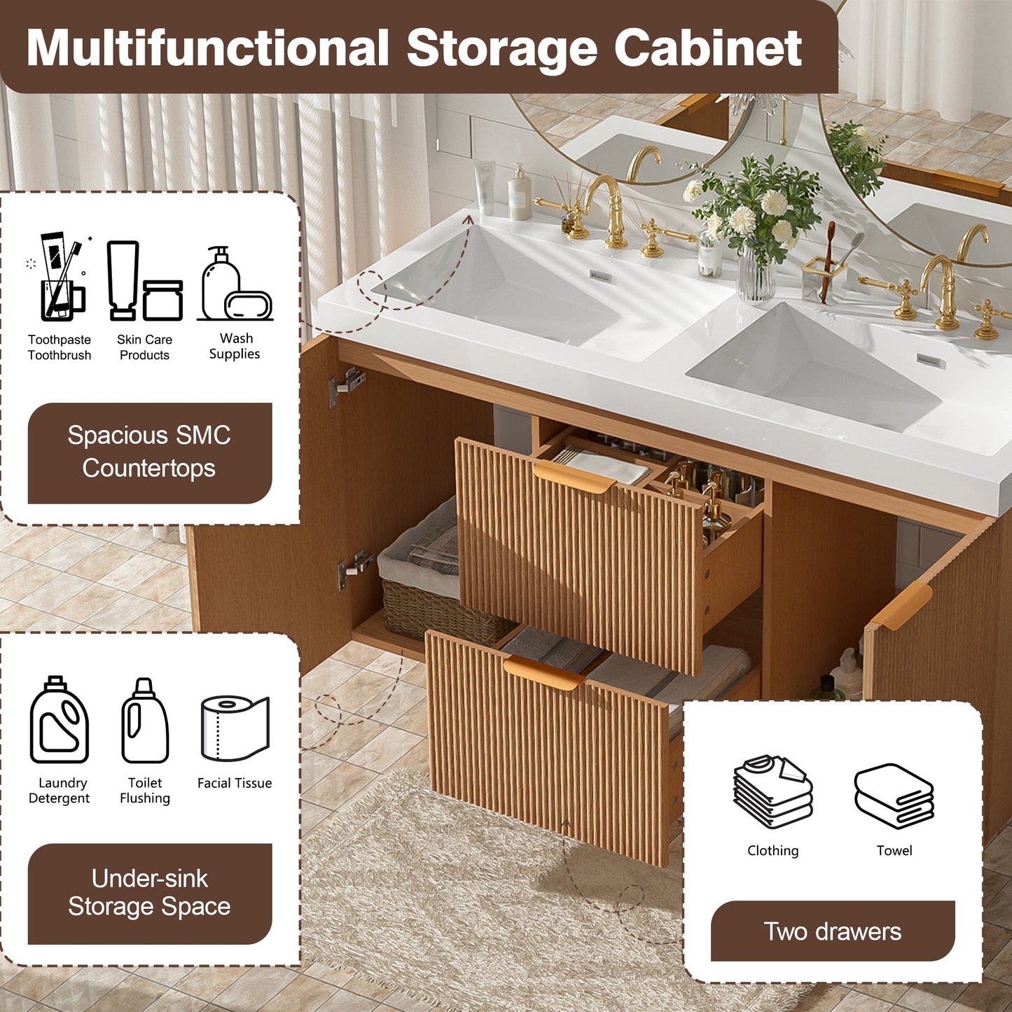 Modern 47.24 Inch Double Sink Bathroom Vanity with SMC Top, MDF Cabinet