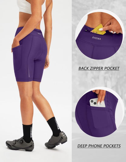 Bikewa Women's 4D Padded Cycling Bike Shorts Purple Zipper Pockets Size M