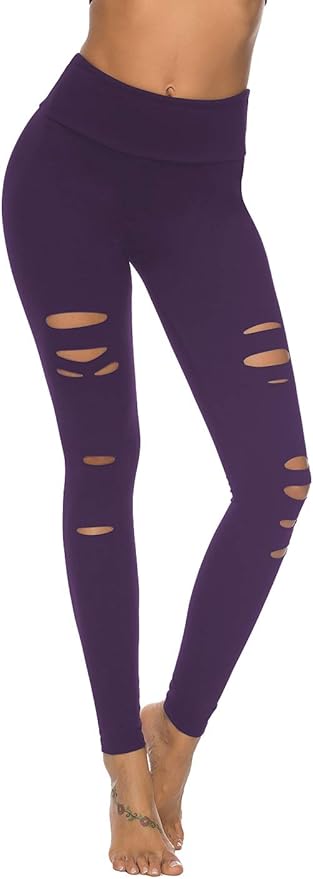DIBAOLONG Womens High Waist Yoga Pants Cutout Ripped Tummy Control Workout Running Yoga Skinny Leggings