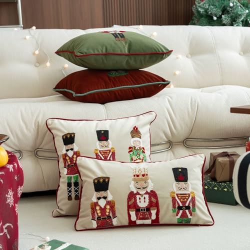 Fennco Styles Embroidered Sequin Nutcracker Velvet Filled Throw Pillow 18" W x 18" L - Green Festive Cushion for Home, Christmas, Winter Holidays Décor, and Special Occasions