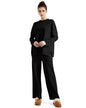SUUKSESS Women Lounge 2PC Pajama Set Long Sleeve Top Wide Leg Pants Black M