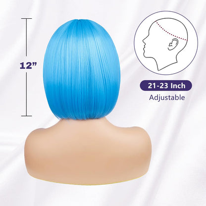 BATISI 12in Short Straight Bob Wig Neon Blue Synthetic Flat Bangs