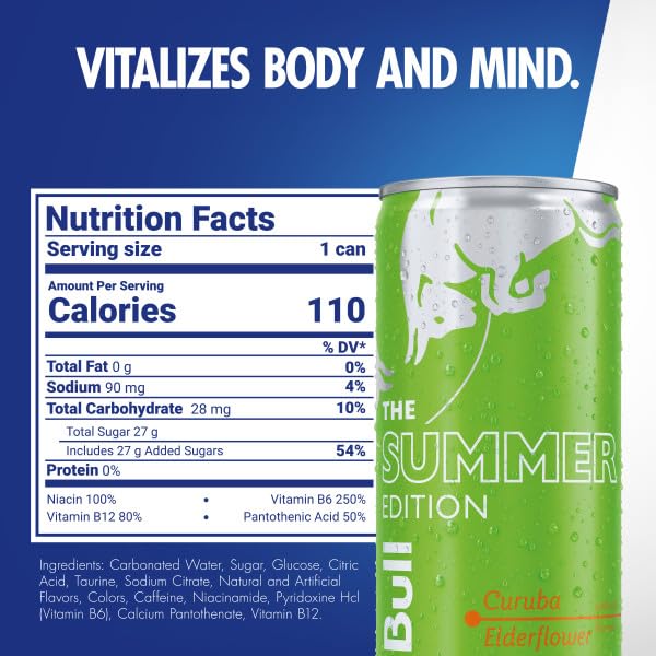 Red Bull Green Edition Energy Drink, Curuba Elderflower, with 80mg Caffeine plus Taurine & B Vitamins, 8.4 Fl Oz, 6 Packs of 4 Cans (Pack of 24)