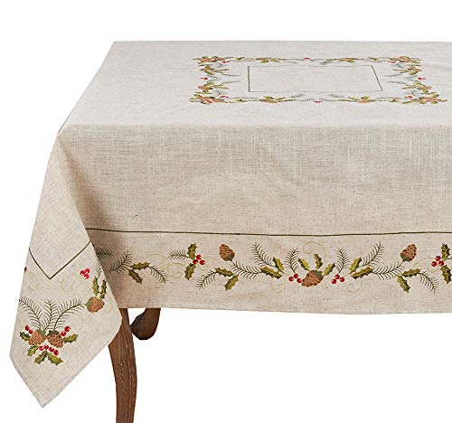 Fennco Styles Holiday Embroidered Pinecone and Holly Poly-Linen Natural Tablecloth