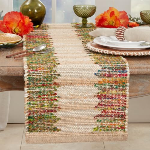 Fennco Styles Rainbow Banded Design Jute Blend Table Runner 14" W x 72" L